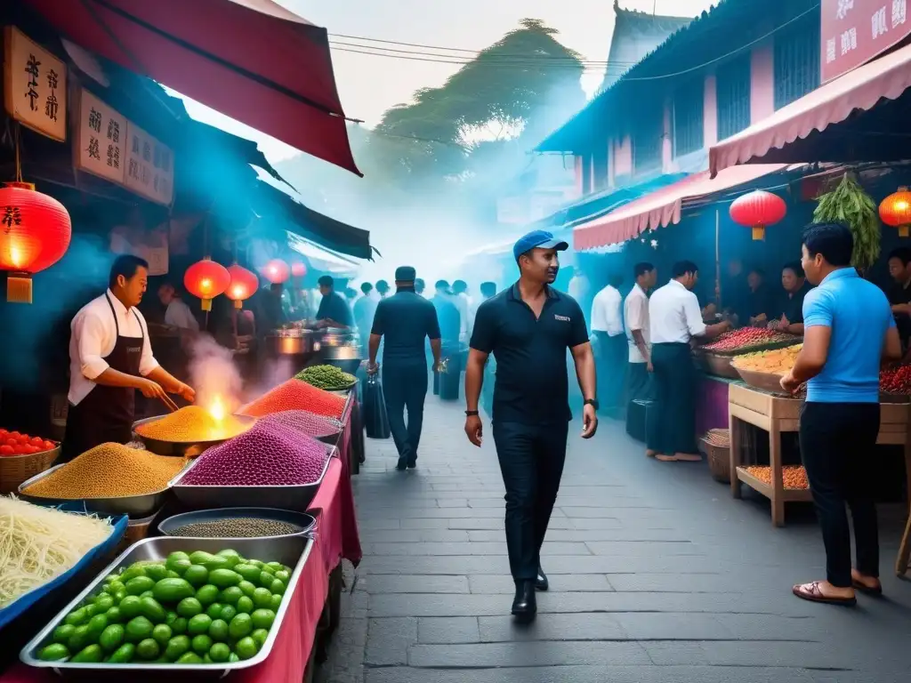 Un mercado callejero vibrante en el sudeste asiático con recetas veganas únicas