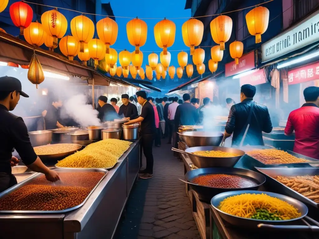 Un mercado callejero vibrante del sudeste asiático, lleno de coloridos puestos de comida vegana