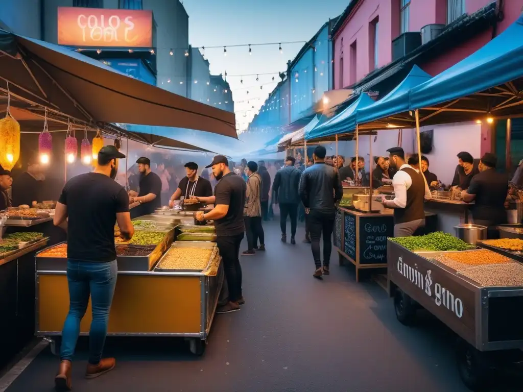 Un mercado callejero vibrante con una variedad de puestos de comida vegana, luces de hadas y arte callejero