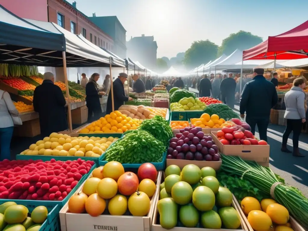 Un mercado campesino bullicioso con frutas y verduras orgánicas, personas diversas comprando y el sol brillando