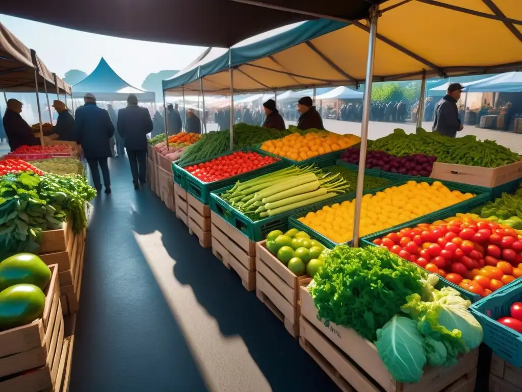 Mercado agrícola vibrante: verduras frescas y comunidad Un mercado campesino rebosante de vegetales locales en temporada, colores vibrantes y ambiente comunitario