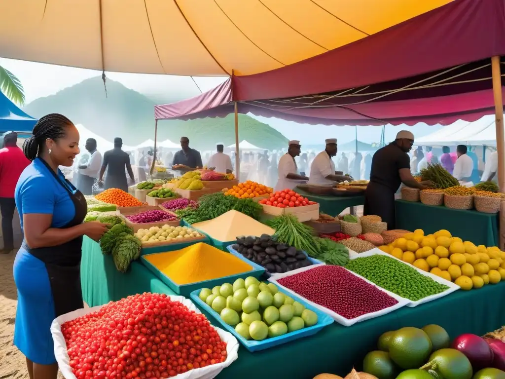 Un mercado caribeño bullicioso lleno de frutas y verduras exóticas, con chefs veganos caribeños destacados bajo coloridas carpas