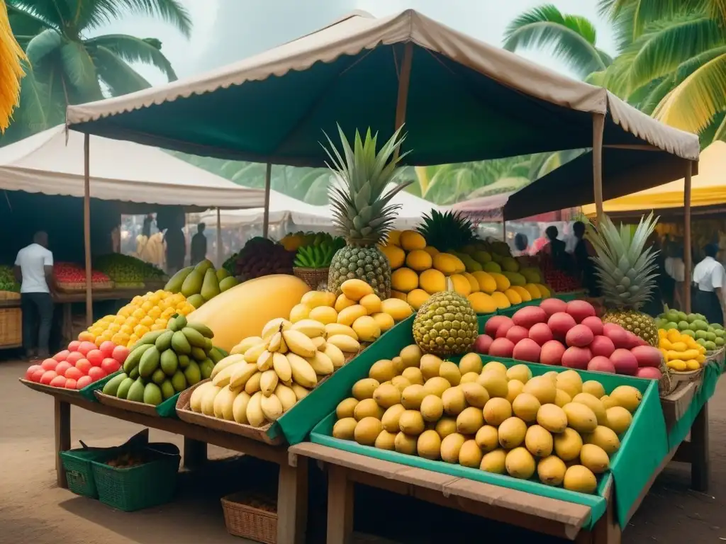 Un mercado caribeño rebosante de frutas tropicales coloridas, con palmeras verdes y sol dorado