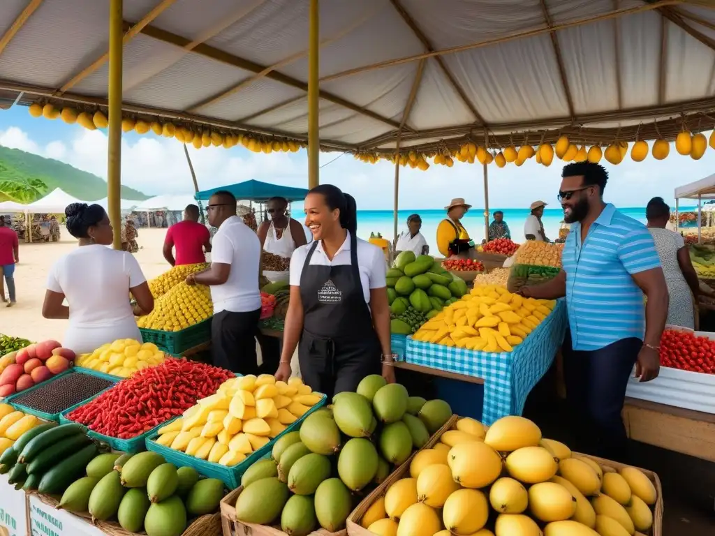 Un mercado caribeño rebosante de ingredientes subestimados para la cocina vegana, con frutas y especias coloridas y exóticas