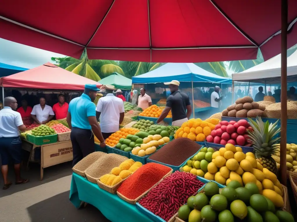 Un mercado caribeño vibrante con influencia africana y cocina vegana, lleno de coloridas frutas tropicales y especias exóticas