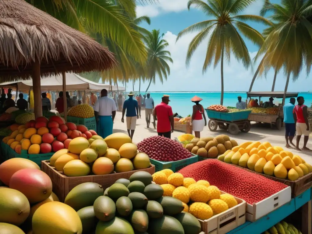 Un mercado caribeño vibrante con ingredientes caribeños cocina vegana, colores y texturas detalladas