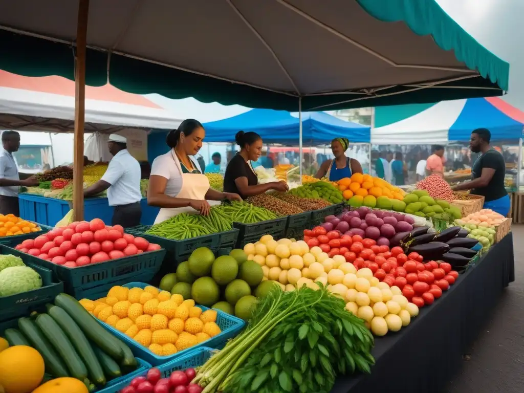 Un mercado caribeño vibrante con ingredientes aprovechados en cocina vegana, reflejando diversidad y sostenibilidad