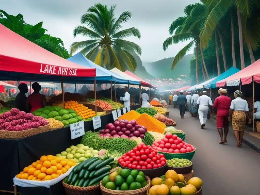 Mercado caribeño vibrante con puestos coloridos de frutas tropicales