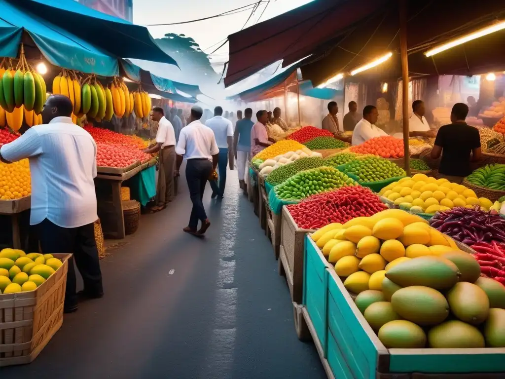 Un mercado caribeño vibrante rebosante de ingredientes frescos y coloridos para cocina vegana