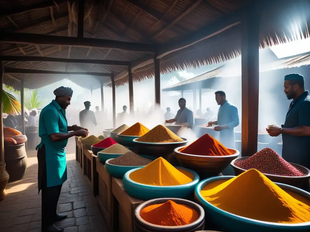 Un mercado caribeño vibrante rebosante de especias exóticas, colores brillantes y aromas tentadores