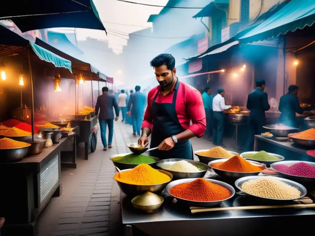 Un mercado de comida callejera indio bullicioso con colores vibrantes, especias exóticas y platos veganos