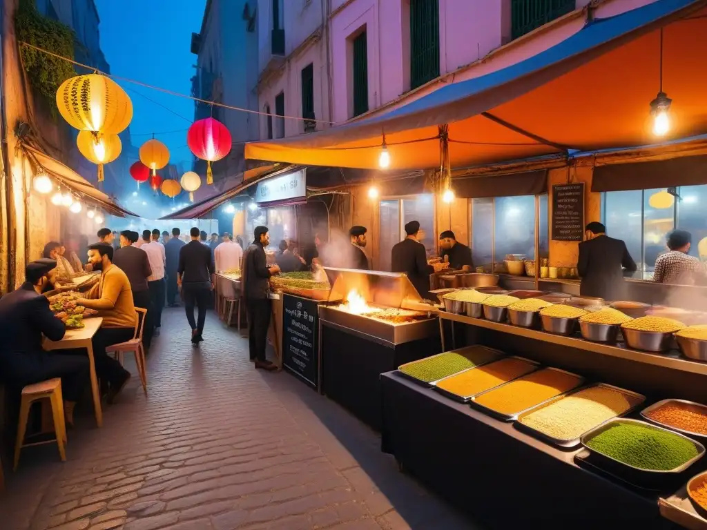 Un mercado de comida callejera vegana en Medio Oriente, lleno de coloridos puestos y deliciosos platillos tradicionales como falafel y hummus