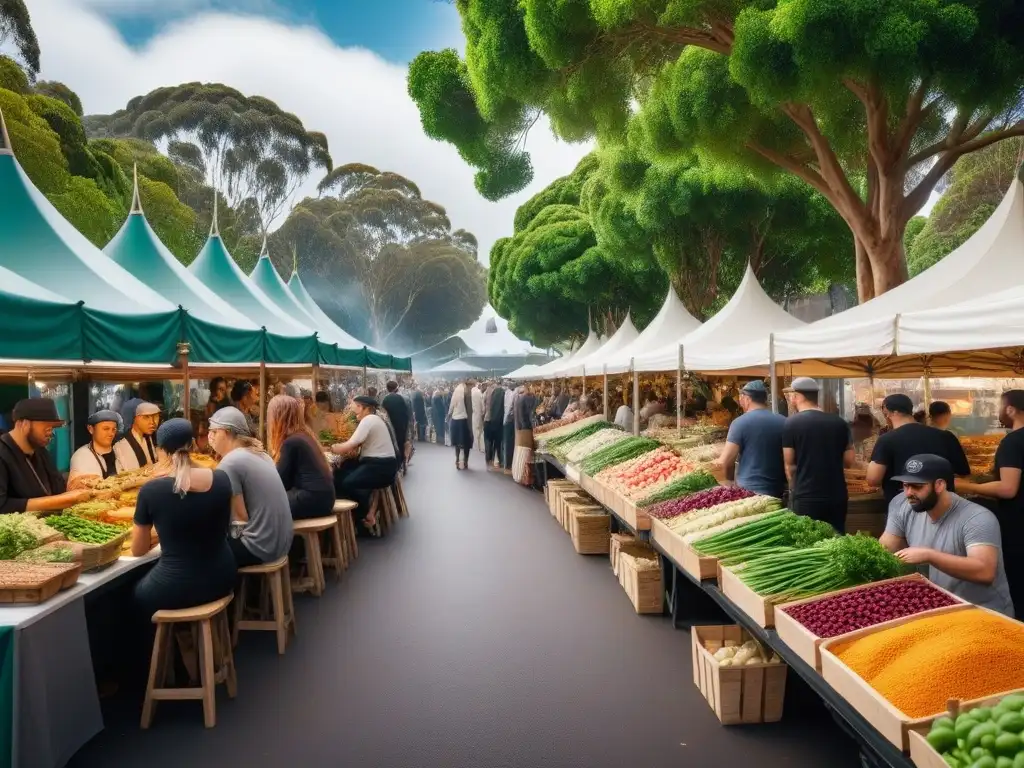 Mercado de comida vegana en Australia con puestos coloridos y diversidad de platos y productos, gente disfrutando la gastronomía vegana en Australia