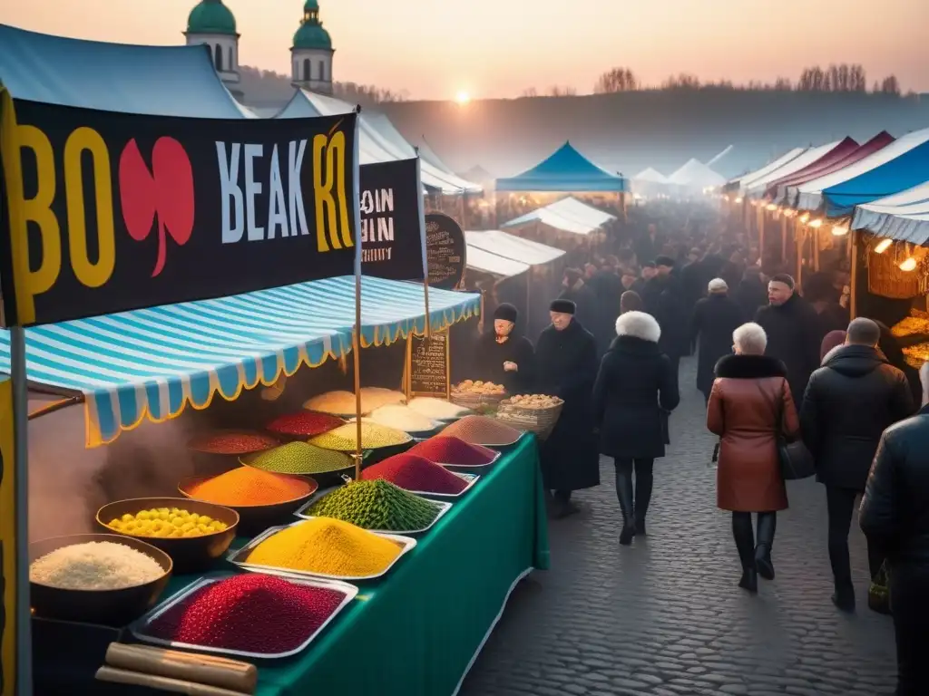 Un mercado de comida vegana ucraniana auténtica con vibrantes puestos y sabores tradicionales, rodeado de locales y turistas