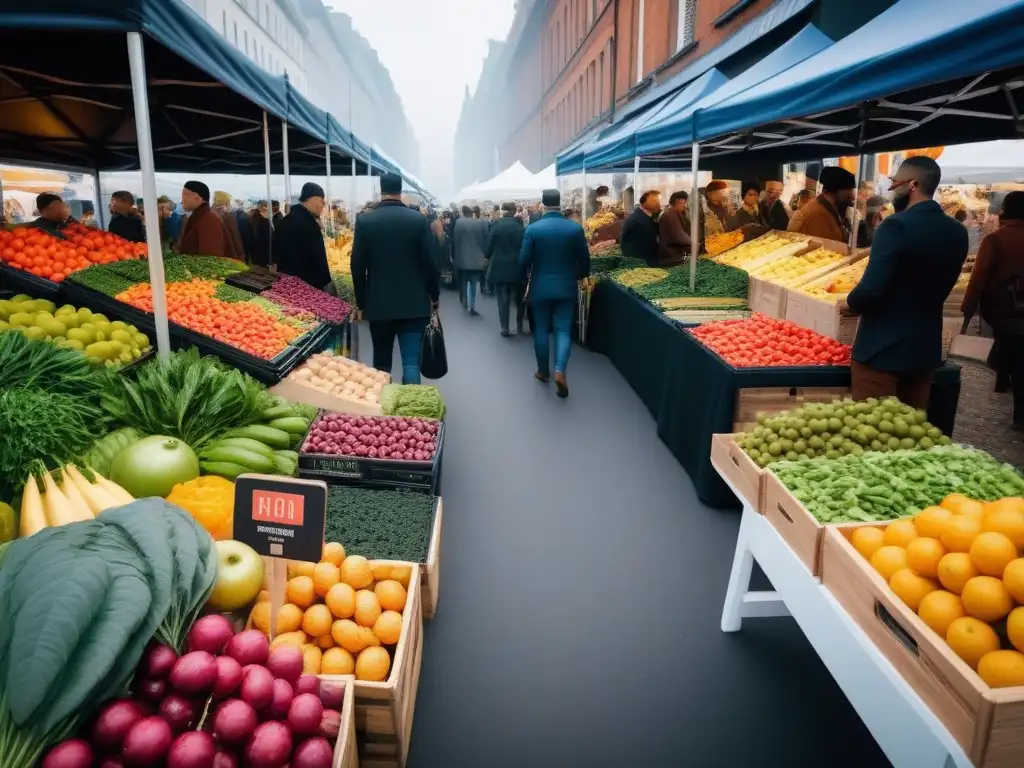 Un mercado ecológico y moderno con productos veganos, reflejando tendencias en consumo