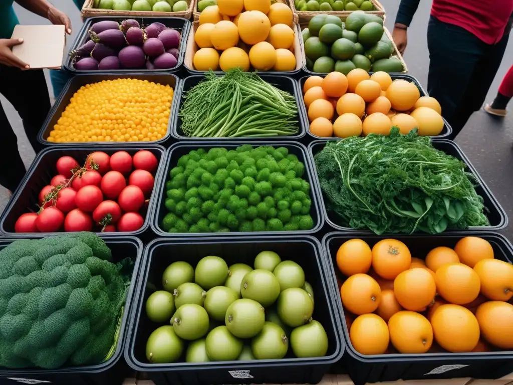 Un mercado ecológico vibrante con frutas y verduras en envases zerowaste, promoviendo recetas veganas cero residuos