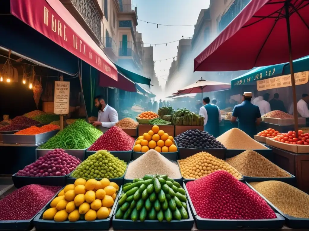 Un mercado egipcio bullicioso con una cocina vegana innovadora y colorida, repleto de frutas, verduras y especias típicas