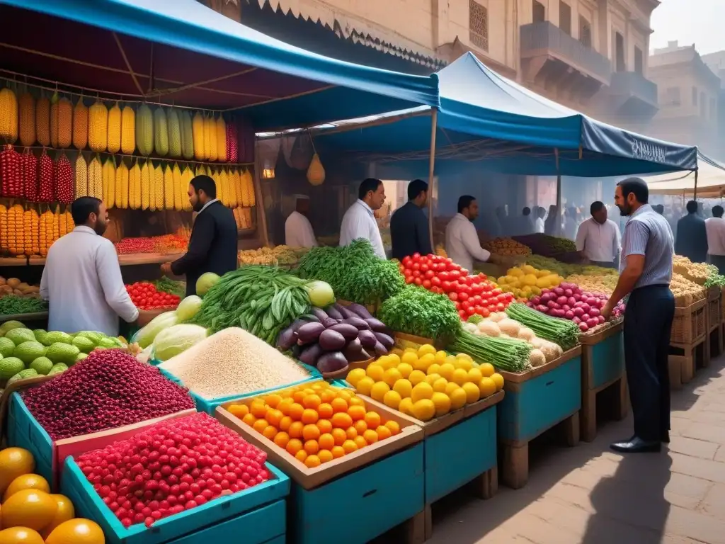 Un mercado egipcio vibrante con cocina vegana innovadora