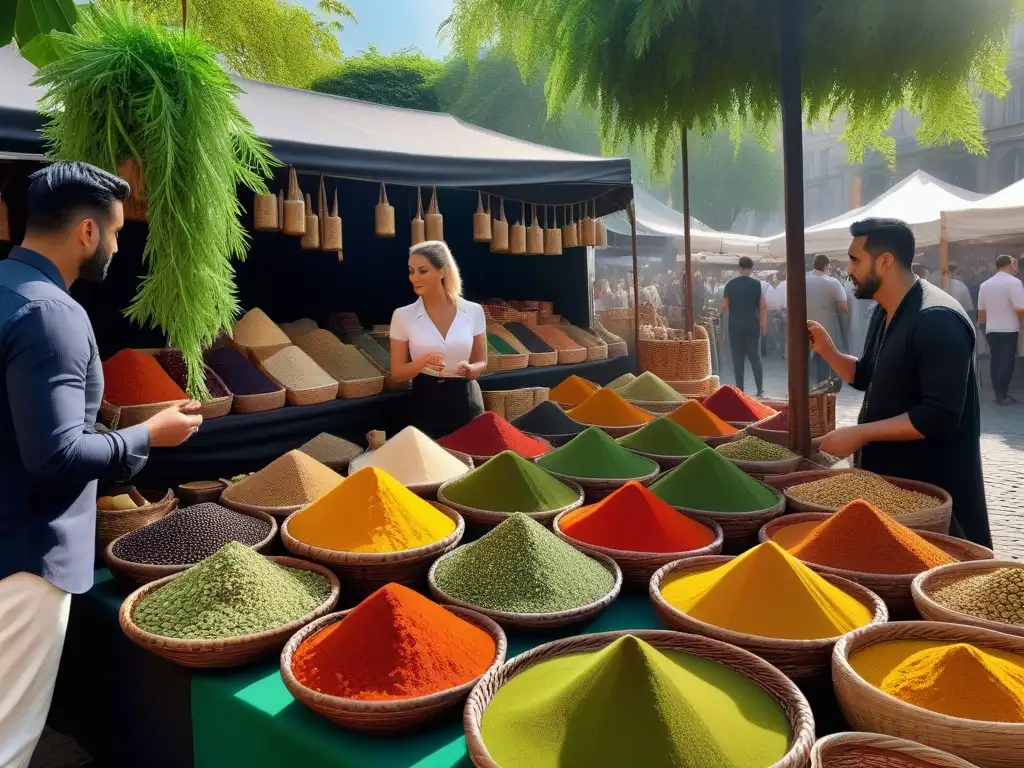 Mercado de especias exóticas con condimentos veganos exóticos en frascos y cestas, clientes curioseando entre coloridos productos y conversando con vendedores