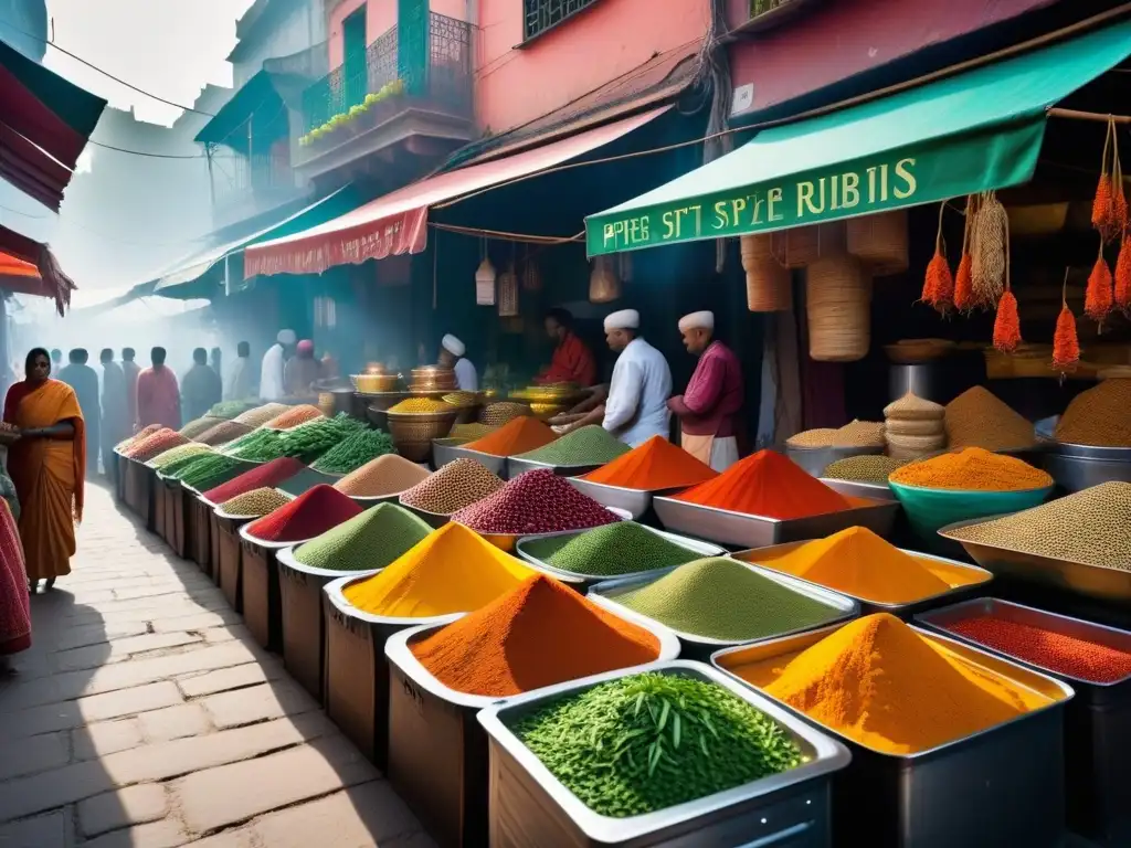 Un mercado de especias indio vibrante y detallado lleno de colores, con vendedores y productos frescos