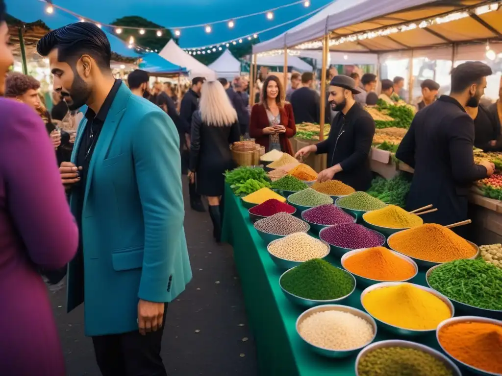 Un mercado exótico y vibrante de eventos veganos, lleno de coloridos puestos y gente diversa disfrutando de la fiesta