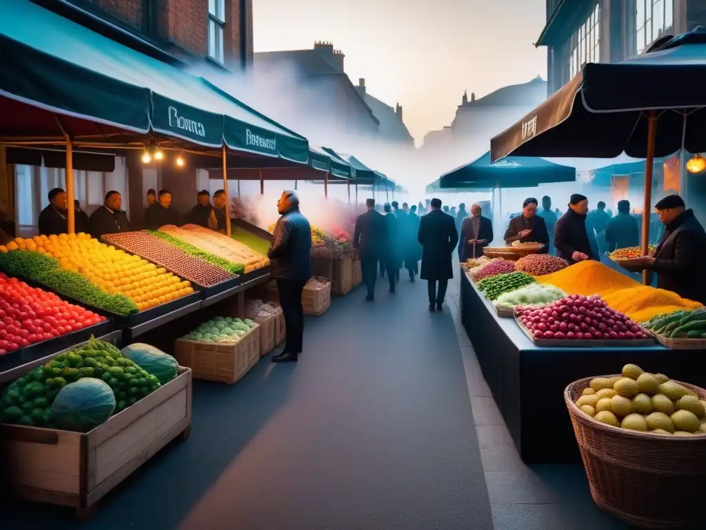 Un mercado internacional bullicioso con frutas y verduras coloridas