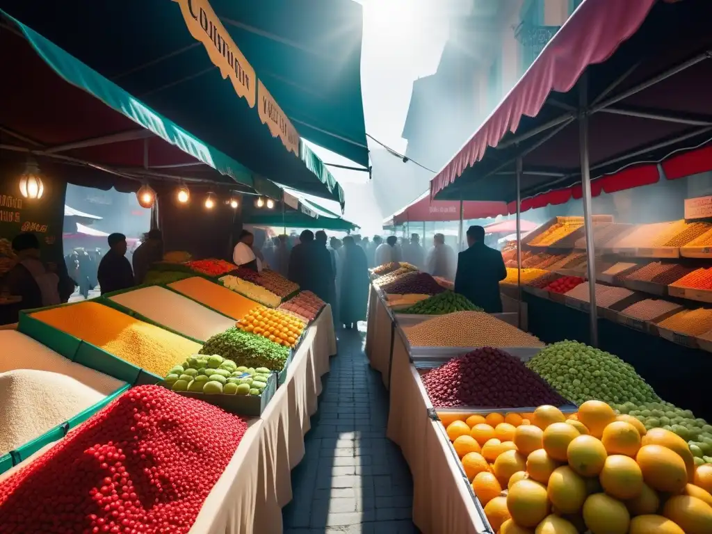 Un mercado internacional bullicioso con frutas, verduras y especias coloridas de todo el mundo