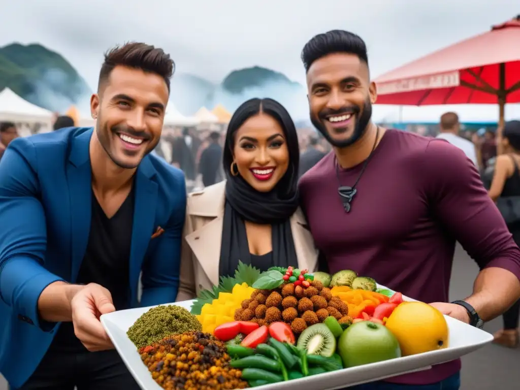 Un mercado internacional bullicioso lleno de comida exótica y colorida, donde viajeros sonrientes comparten platillos veganos de todo el mundo