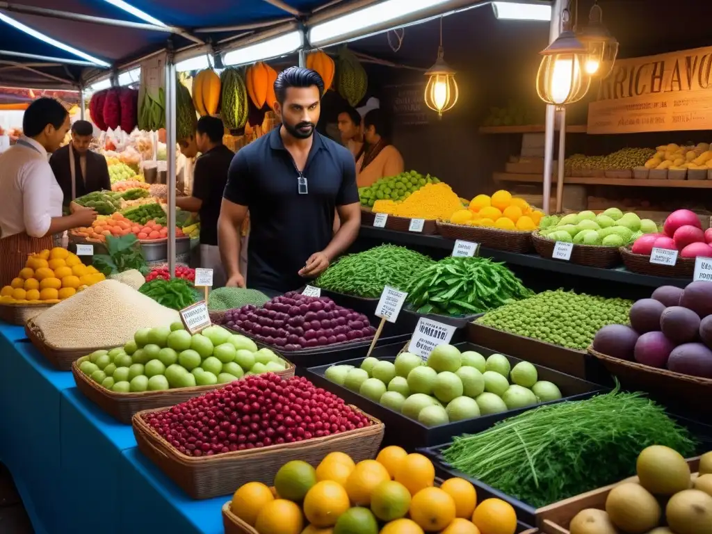 Un mercado internacional vibrante y bullicioso con una diversidad de frutas, verduras, hierbas y especias coloridas y frescas de todo el mundo