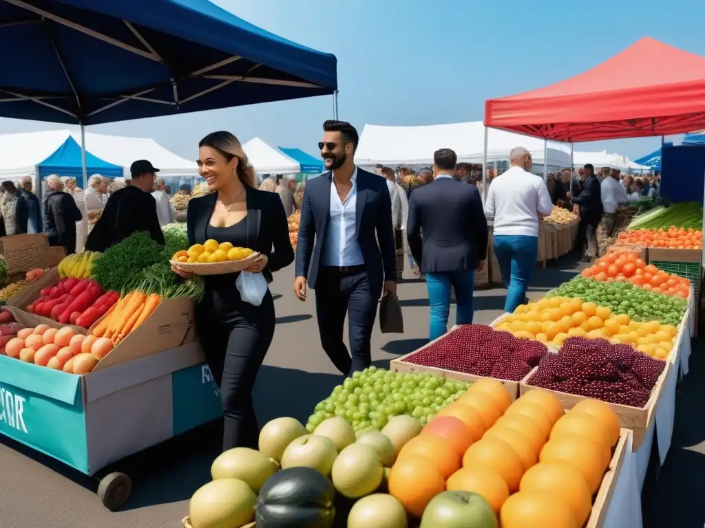 Un mercado lleno de coloridas frutas y verduras orgánicas, gente diversa y sonriente interactuando con vendedores