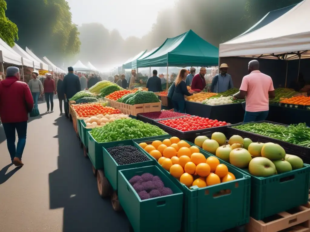 Un mercado lleno de coloridos puestos de frutas y verduras frescas, donde la comunidad disfruta de la cocina vegana moderna y tradicional