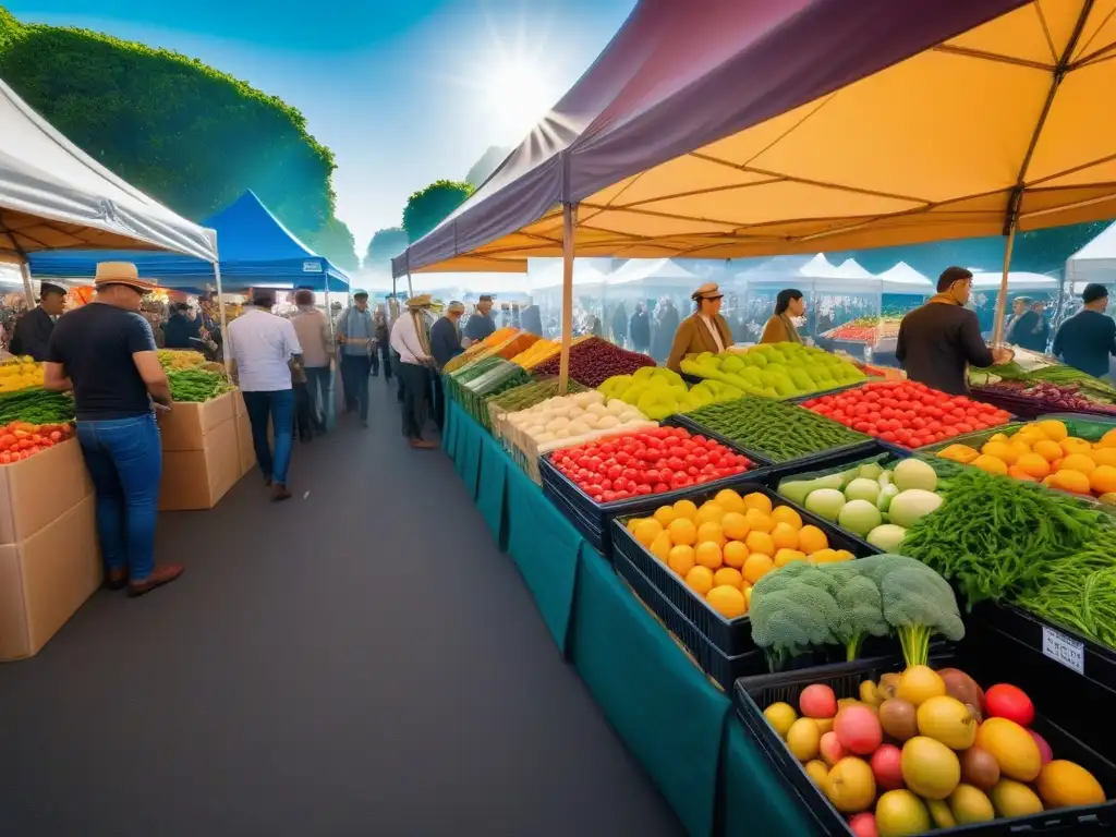 Un mercado lleno de vida y color con frutas y verduras orgánicas, promoviendo el veganismo y los beneficios económicos y ambientales