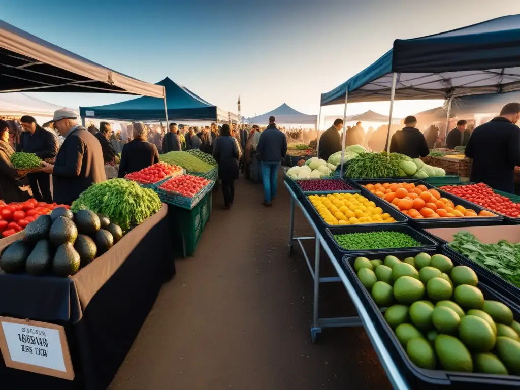 Un mercado lleno de vida y color con productos frescos y diversos