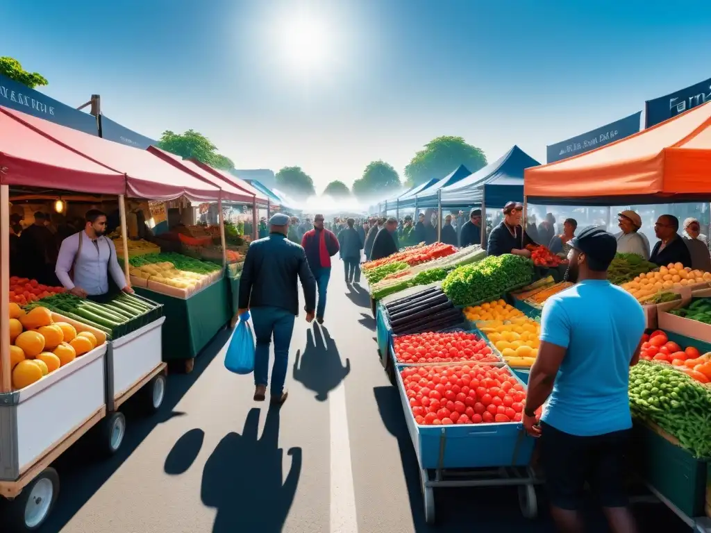Un mercado lleno de vida y color con frutas, verduras y personas diversas, promoviendo la importancia de proteínas veganas en una dieta sostenible