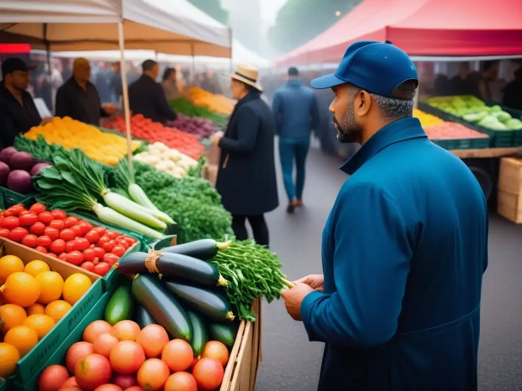 Un mercado lleno de vida y color, donde la gastronomía vegana sostenible y ezines se hace presente en cada rincón