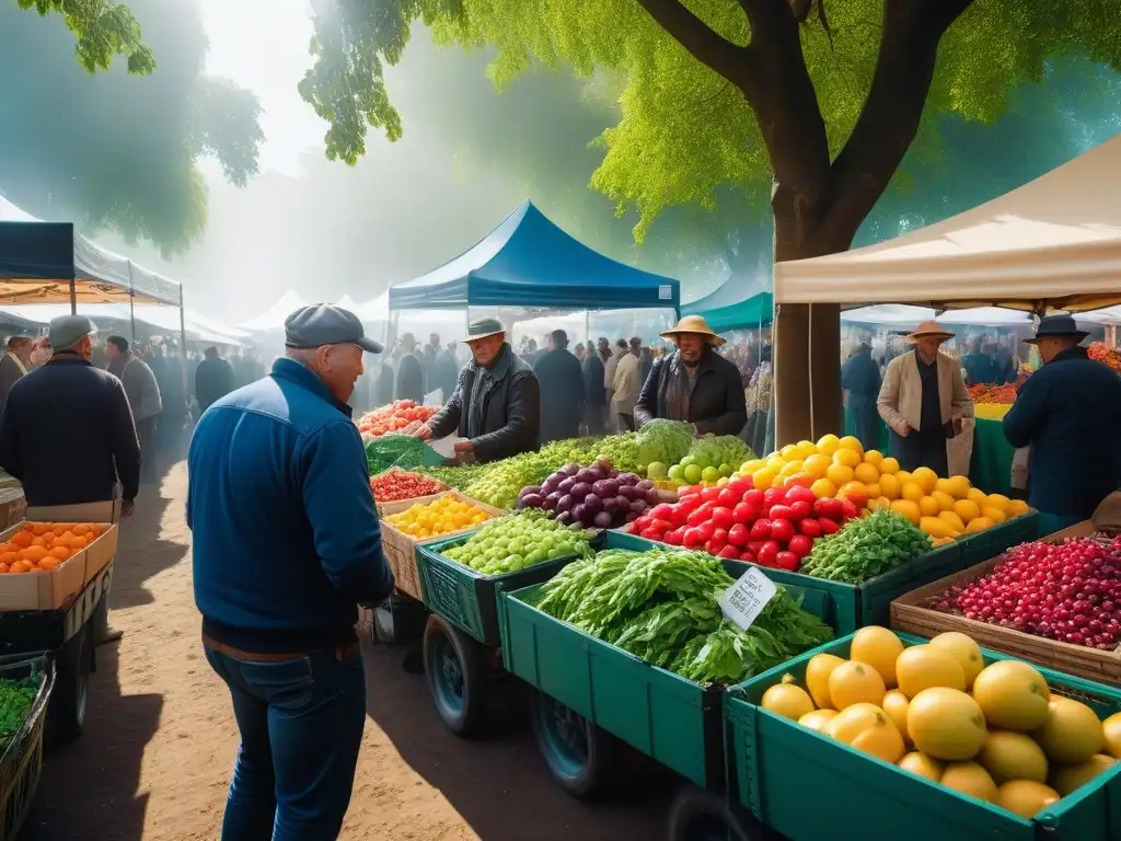 Un mercado lleno de vida y color con puestos de frutas y verduras frescas