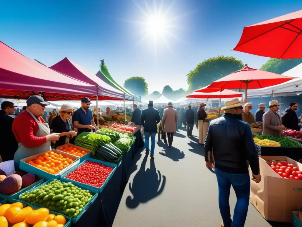 Un mercado lleno de vida y color con productos orgánicos y veganos