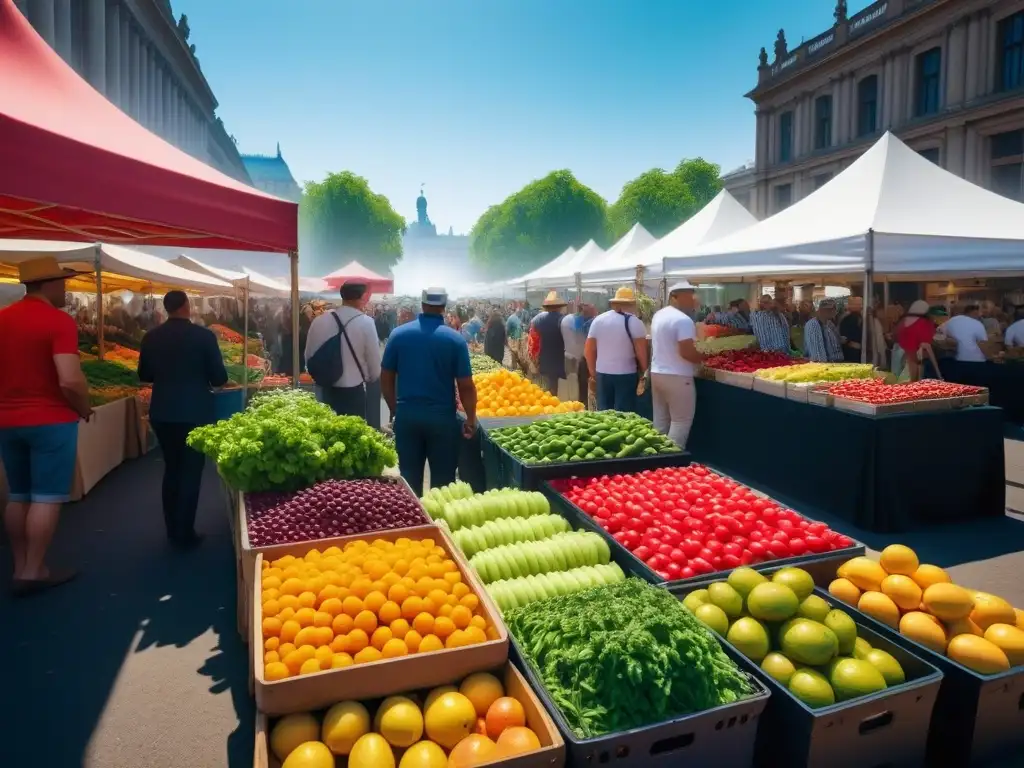 Un mercado lleno de vida con frutas y verduras coloridas, familias felices y vendedores entusiastas