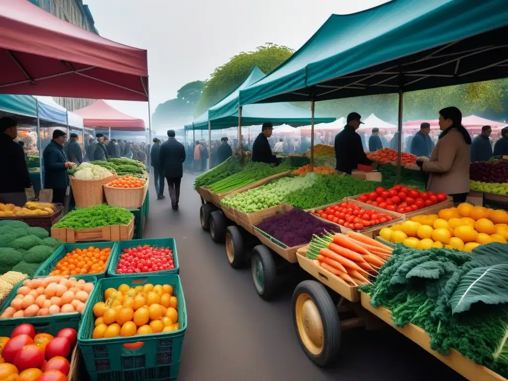 Un mercado lleno de vida con frutas y verduras frescas y coloridas