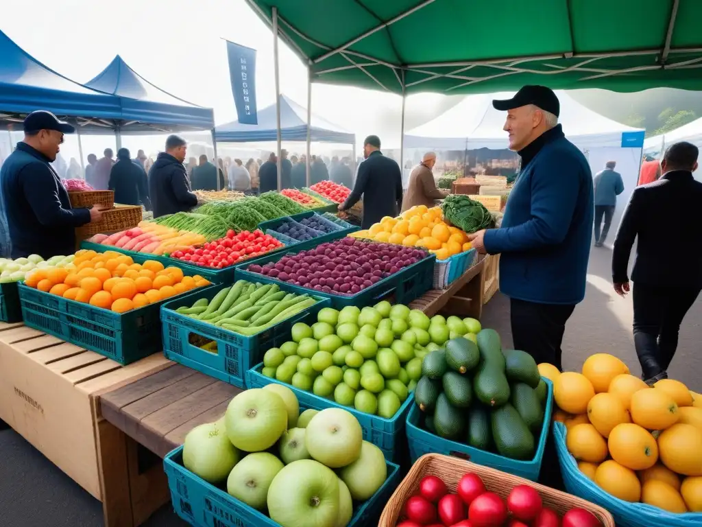 Un mercado lleno de vida con frutas y verduras frescas, colores vibrantes y una atmósfera acogedora