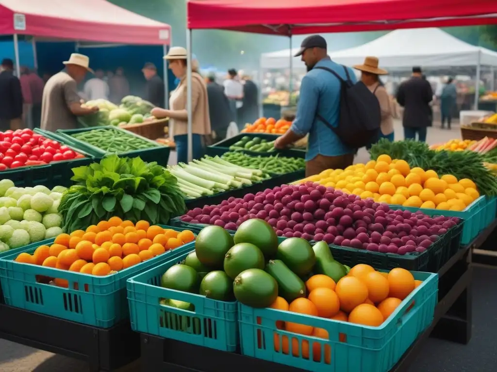 Un mercado lleno de vida con frutas y verduras frescas, reflejando una dieta basada en plantas sostenible