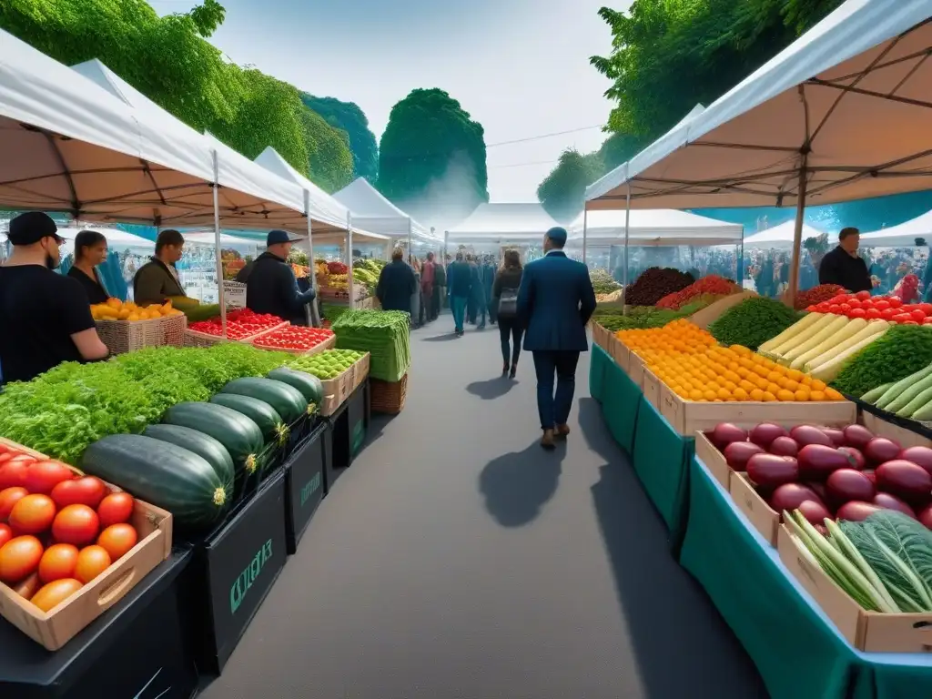 Un mercado lleno de vida con frutas y verduras frescas, gente animada y opciones sostenibles