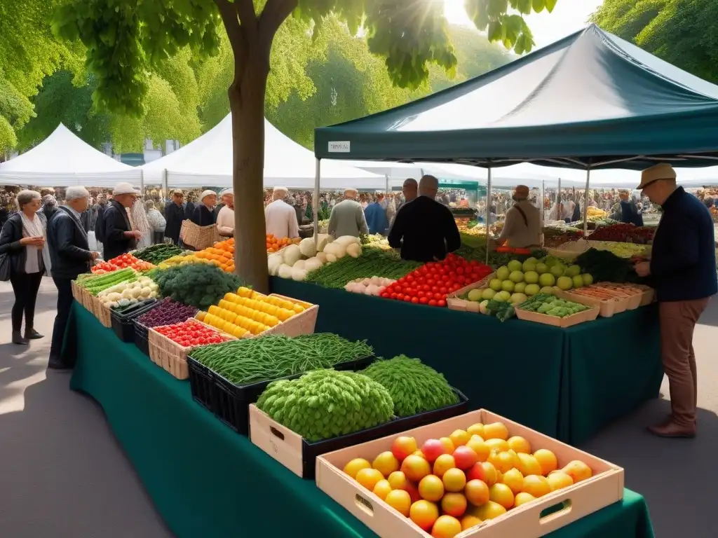 Un mercado lleno de vida, con frutas y verduras frescas y coloridas