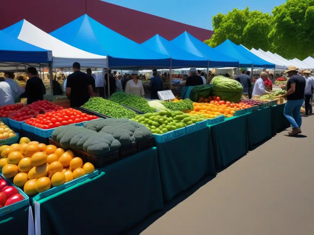 Un mercado lleno de vida con frutas y verduras frescas y coloridas