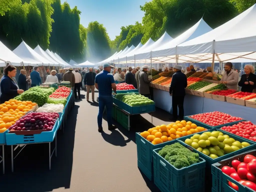 Un mercado lleno de vida con frutas y verduras vibrantes bajo toldos blancos