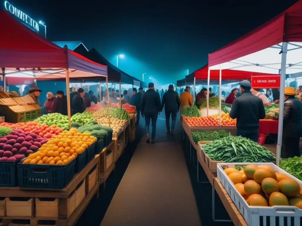 Mercado lleno de vida con frutas y verduras orgánicas, gente feliz comprando