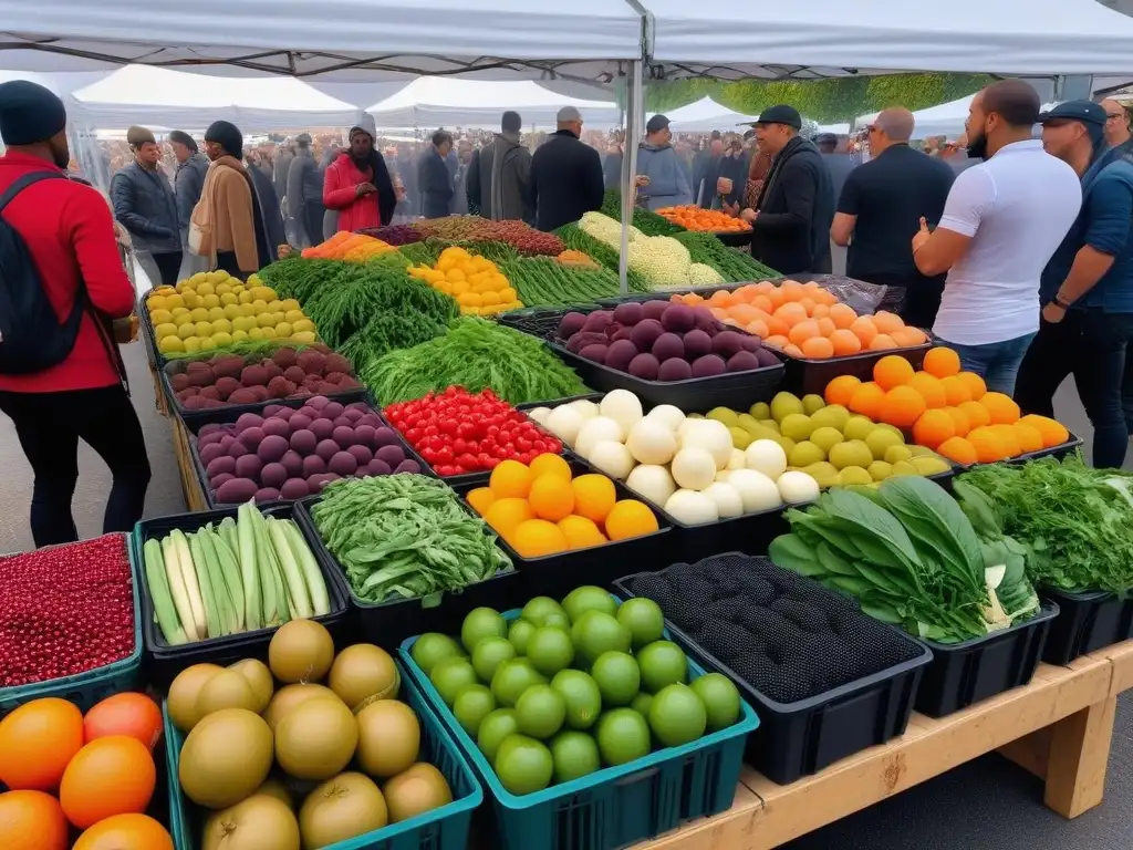 Mercado lleno de vida con frutas y verduras orgánicas, reflejando la diversidad de opciones veganas