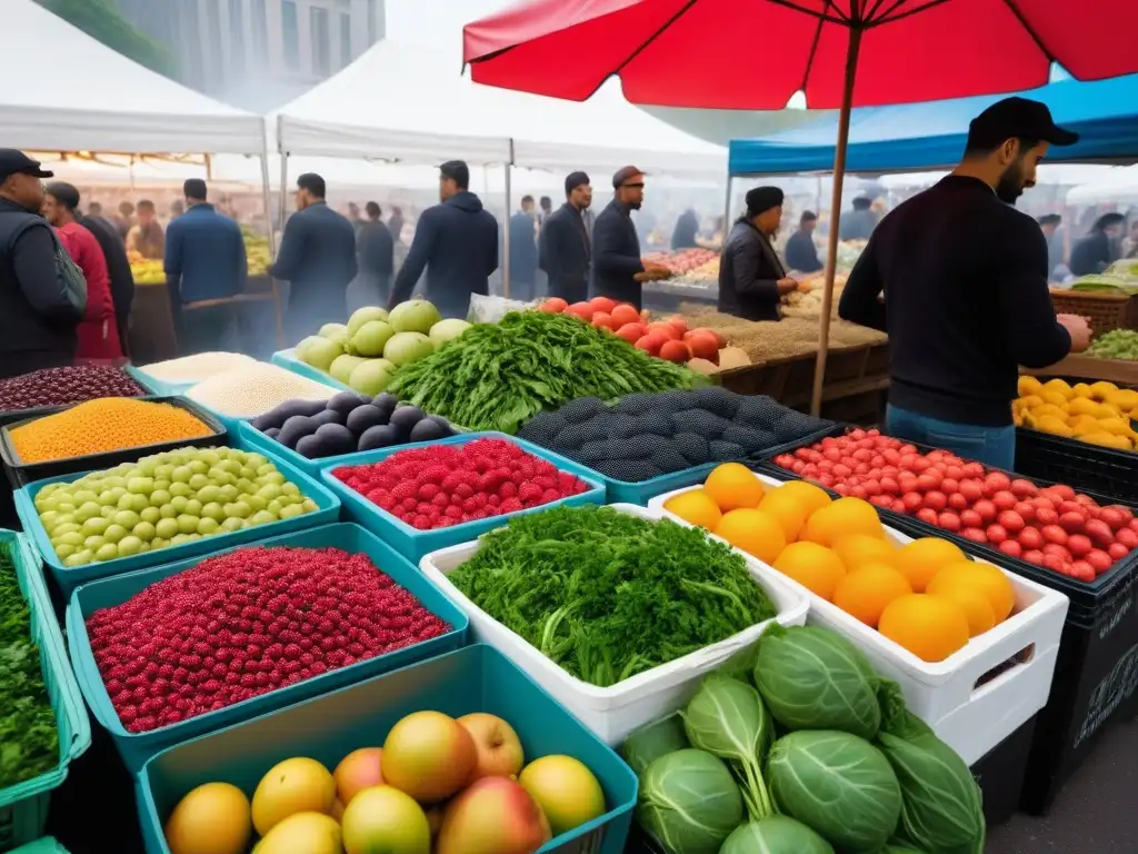 Un mercado lleno de vida con frutas, verduras y granos coloridos, resaltando la dieta vegana y la sostenibilidad en la cocina tradicional