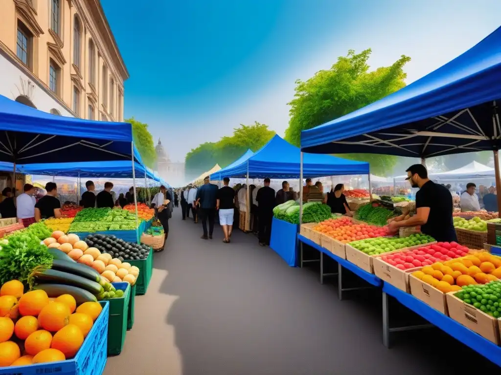 Un mercado lleno de vida con frutas, verduras y productos vegetales, simbolizando los beneficios económicos y ambientales del veganismo