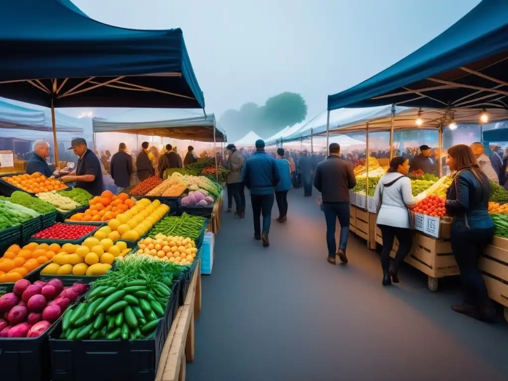 Un mercado lleno de vida con frutas y verduras orgánicas coloridas, clientes felices y vendedores ecológicos